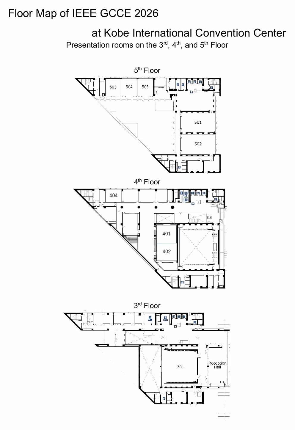 Floor map of IEEE GCCE 2026 at Kobe International Conference Center (3rd, 4th, and 5th floors)